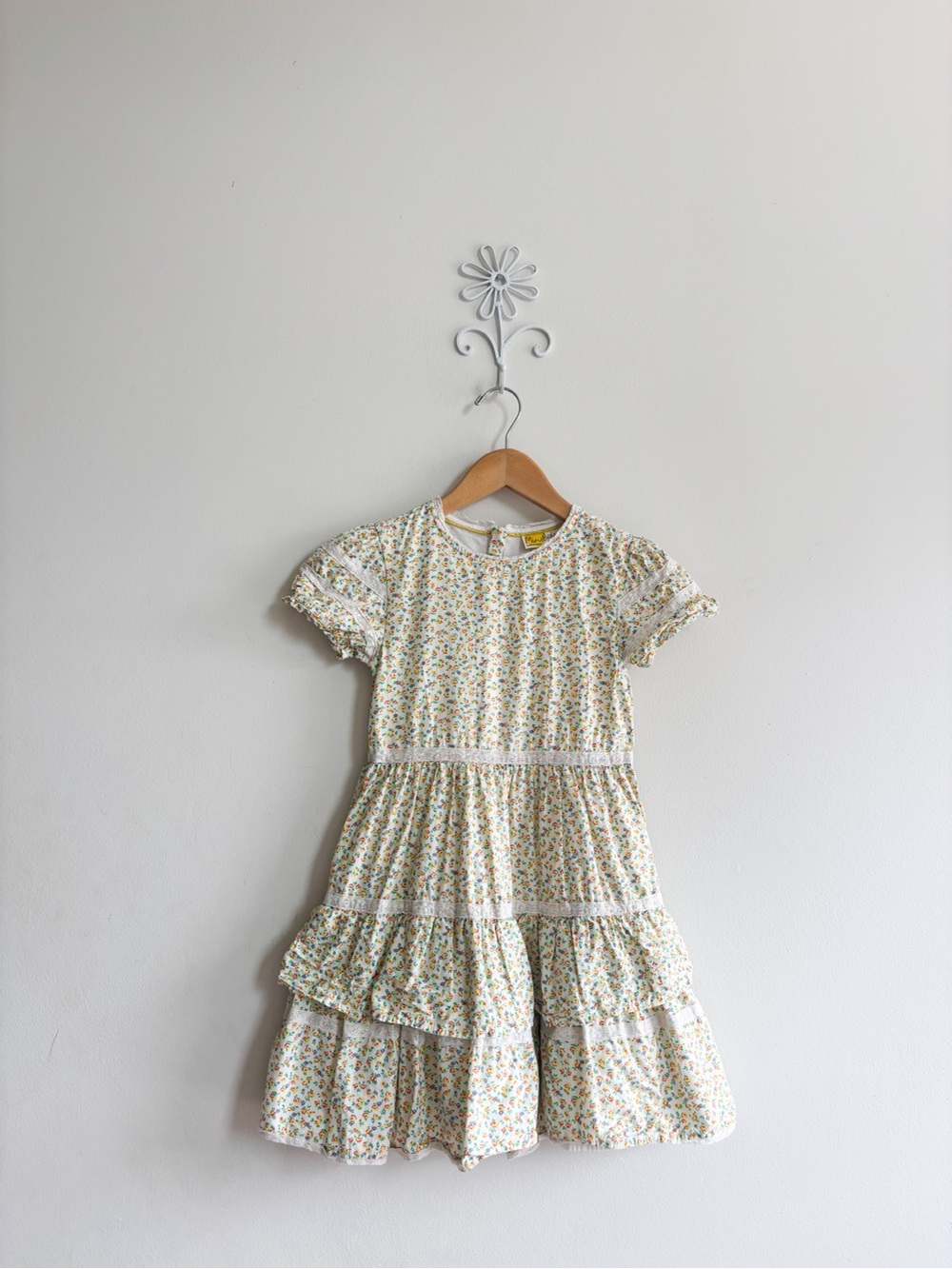 Mini Boden Girls' Floral Tiered Cotton Dress - Cream with Yellow & Green